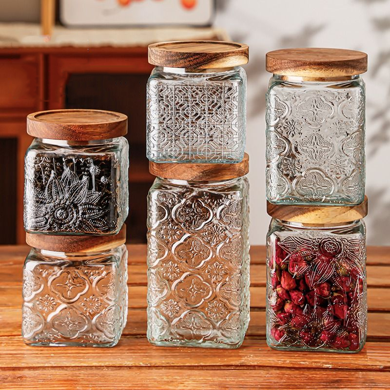 Kitchen Bank - Retro Embossed Begonia Pattern Glass Jar