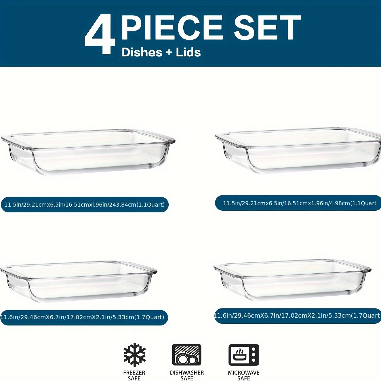 Set of 4 Rectangular Glass Bak - Kitchen Glass Baking Set avis et prix